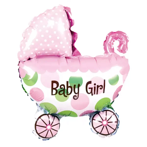 Разглеждайте балон за бебешка количка с надпис Baby Girl, подходящ за рождени дни и семейни събития, украса за момичешки тържества, празници и майчинство.