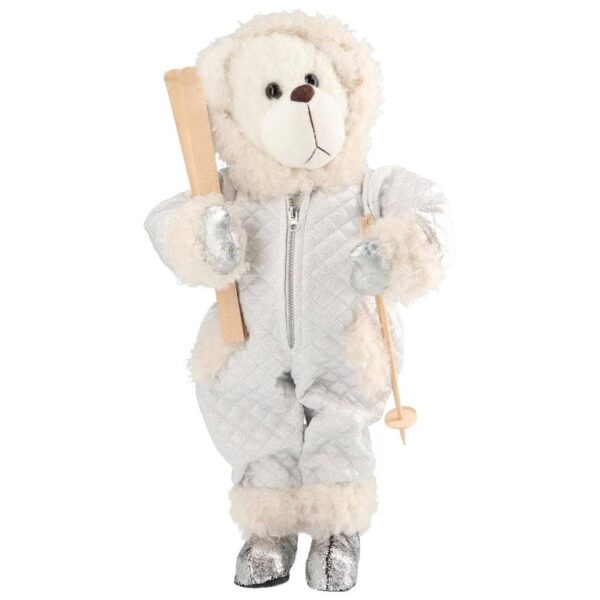 Детска мекичка играчка мечка в пухкав костюм с дървена шейна за празнични събития и опаковани подаръци. Идея за детски партита и тематични празници, страхотна украса и забавление за малчугани.