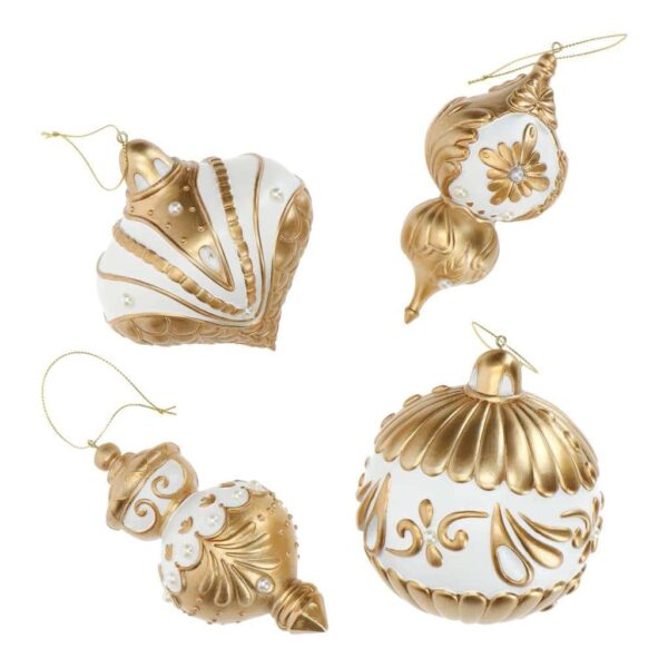Цветни коледни украси, златист и бял цвят, елегантен дизайн, подходящи за украса на Коледа и празнични събития.