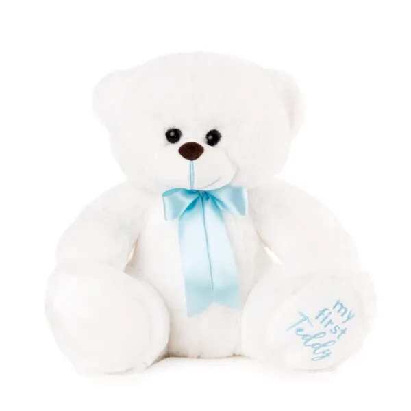 меко бяло плюшено мече с синя панделка и надпис "my first Teddy" за първи рожден ден, перфектен подарък за новородени и бебета.