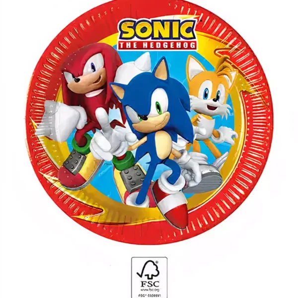 Ярък тематичен хартиен прибор за парти с персонажите от Sonic The Hedgehog за детски партита и празници.