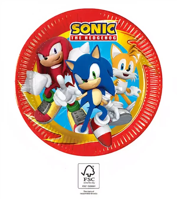 Ярък тематичен хартиен прибор за парти с персонажите от Sonic The Hedgehog за детски партита и празници.