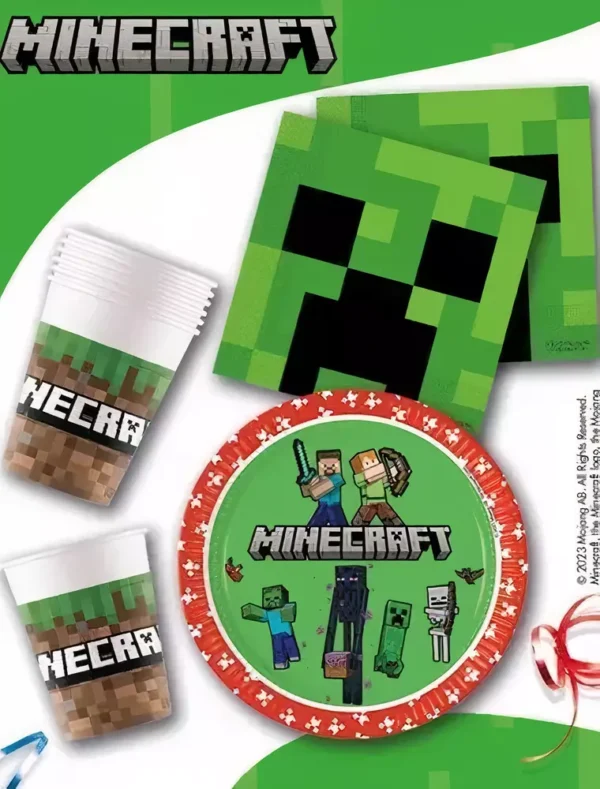 Картонени чаши и сервиз за парти с Minecraft дизайн, подходящи за детски рожден ден и тематични партита, с ярки цветове и забавни герои.