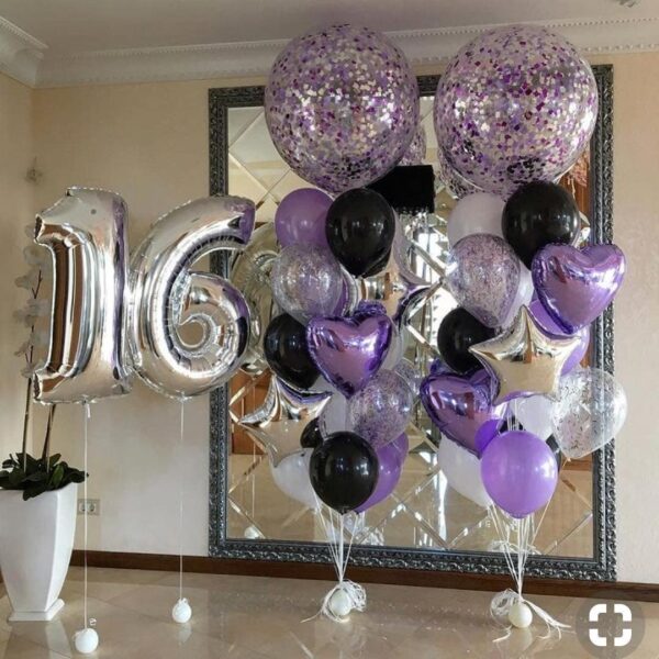 Шарени балони за 16-ия рожден ден с големи бели цифри и патинови лилави, черни и прозрачни балони за парти, подходящи за тържества и специални поводи, украса за рожден ден, парти декорация.